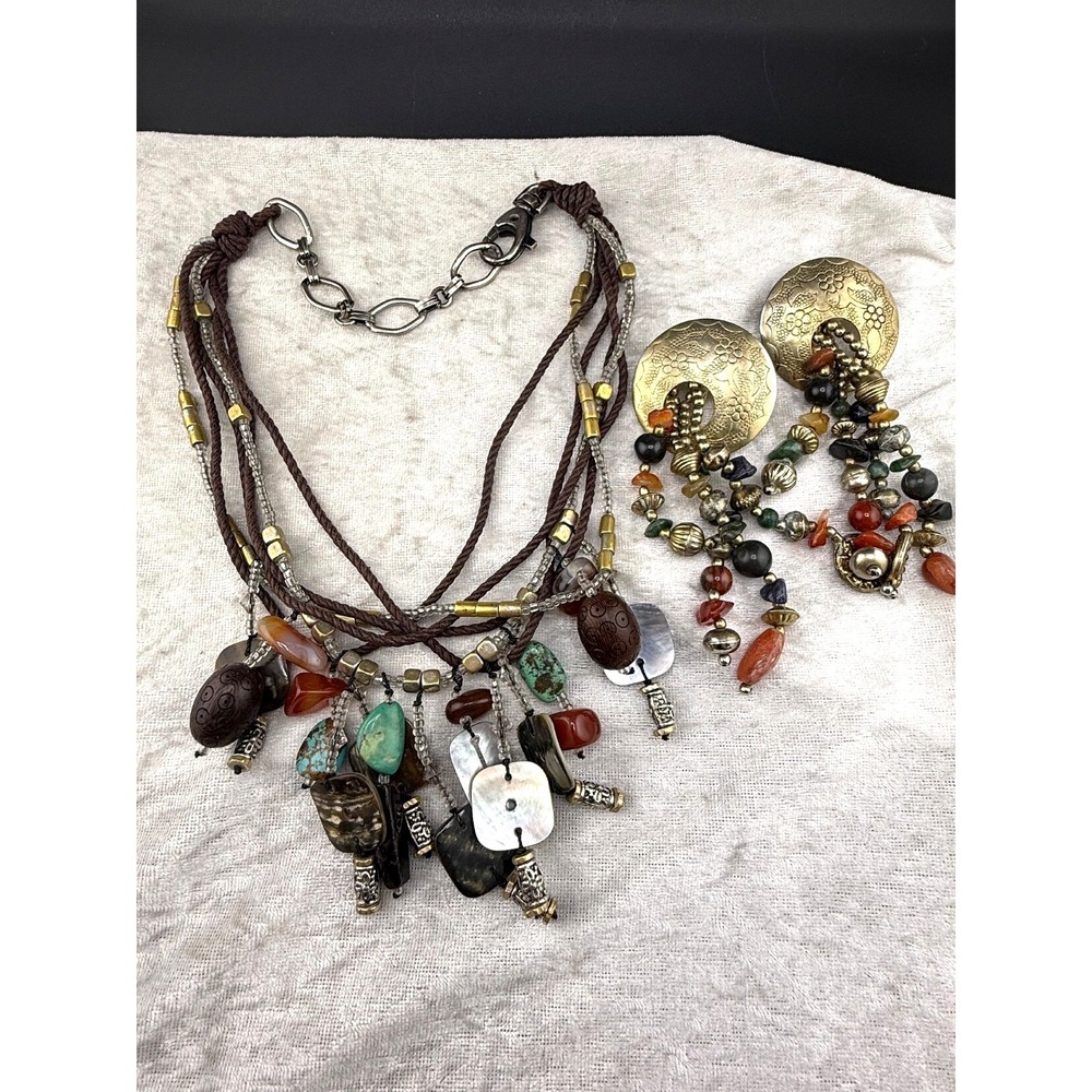 Boho Layered Fringe Necklace Pierced Earrings‎ Set 20"